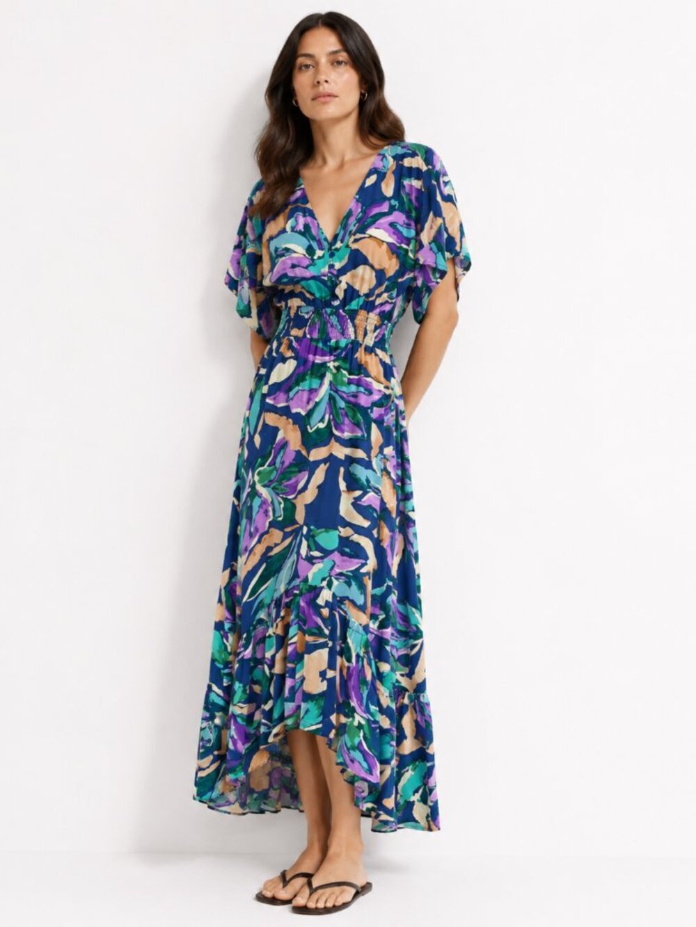 NWT ABEL THE LABEL PURPLE GREEN SALVIA PRINT SHORT SLEEVE HIGH LOW MAXI DRESS
